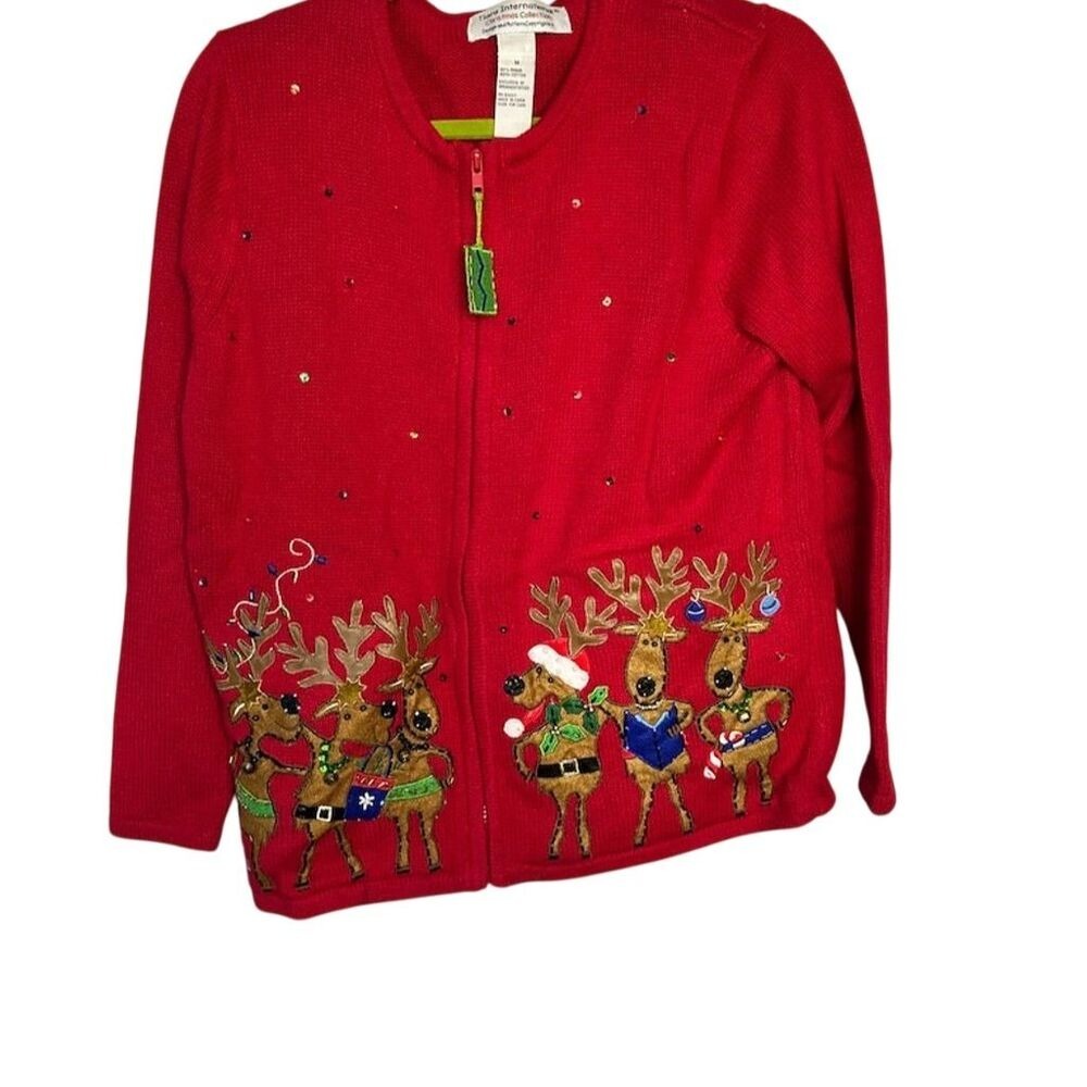 Tiara International Christmas Cardigan Womens Medium Red Reindeer Sequin Zip Up